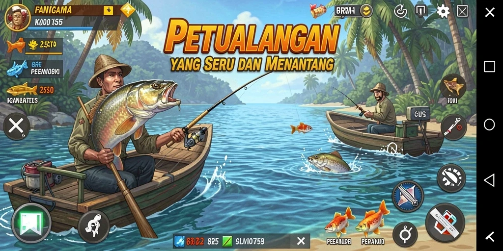 Tampilan gameplay <strong>6RT</strong> yang menawan saat memancing di laut.