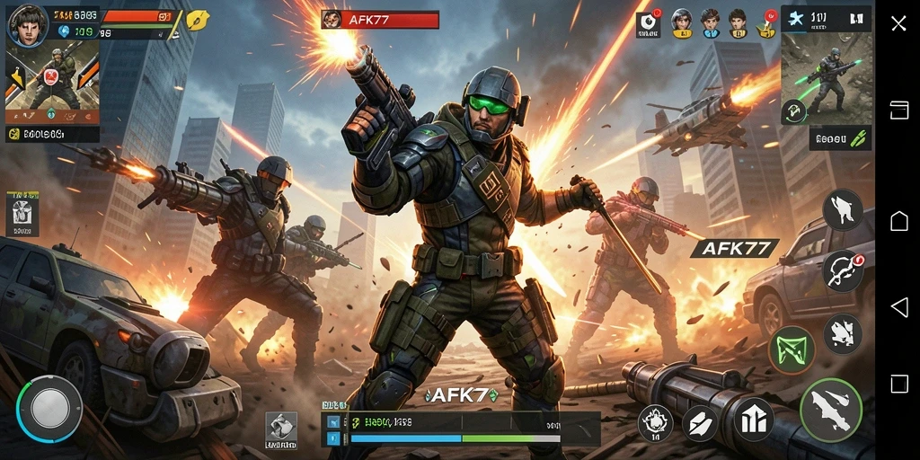 Screenshot gameplay AFK77 menunjukkan aksi pertempuran yang intens dan mendebarkan.