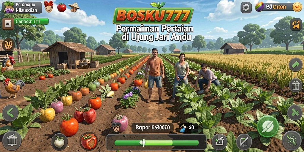 Tampilan gameplay <strong>BOSKU777</strong> menampilkan suasana pertanian yang ceria dan interaktif.