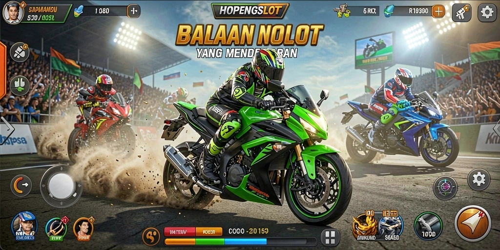 Tampilan gameplay HOPENGSLOT yang mendebarkan saat balapan motor.