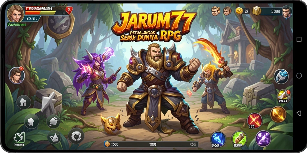 Tampilan screenshot utama JARUM77 yang menunjukkan pertarungan epik RPG.