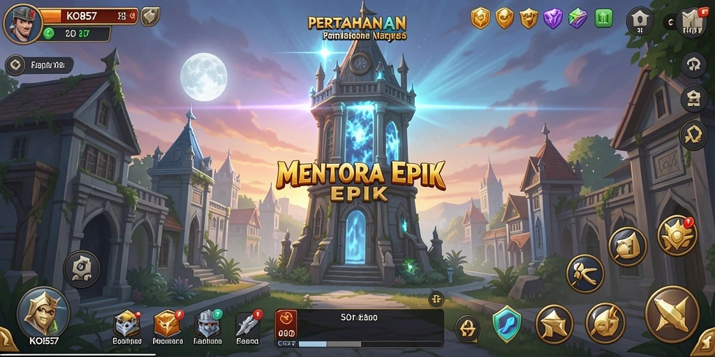 Tampilan intens gameplay KO857 dengan menara dan musuh yang menantang.
