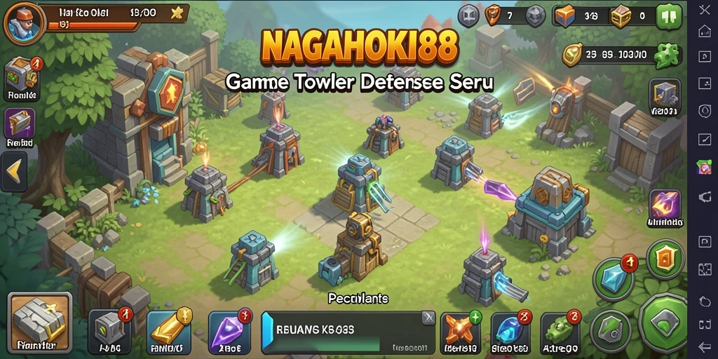 Screenshot gameplay menampilkan menara dan musuh dalam NAGAHOKI88.
