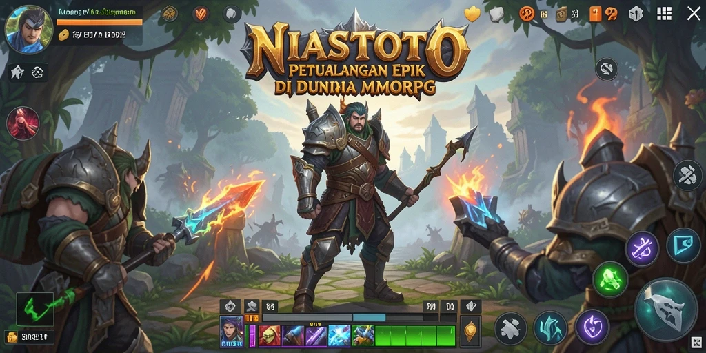 Tangkapan layar gameplay NIASTOTO yang menampilkan pertarungan seru dan dunia fantasi.
