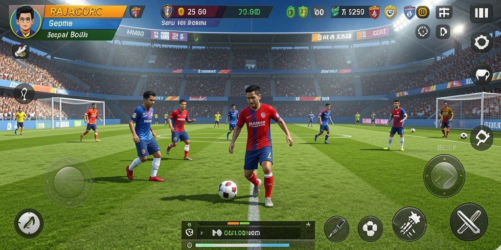 Tampilan gameplay RAJACORC yang mendebarkan di lapangan sepak bola.
