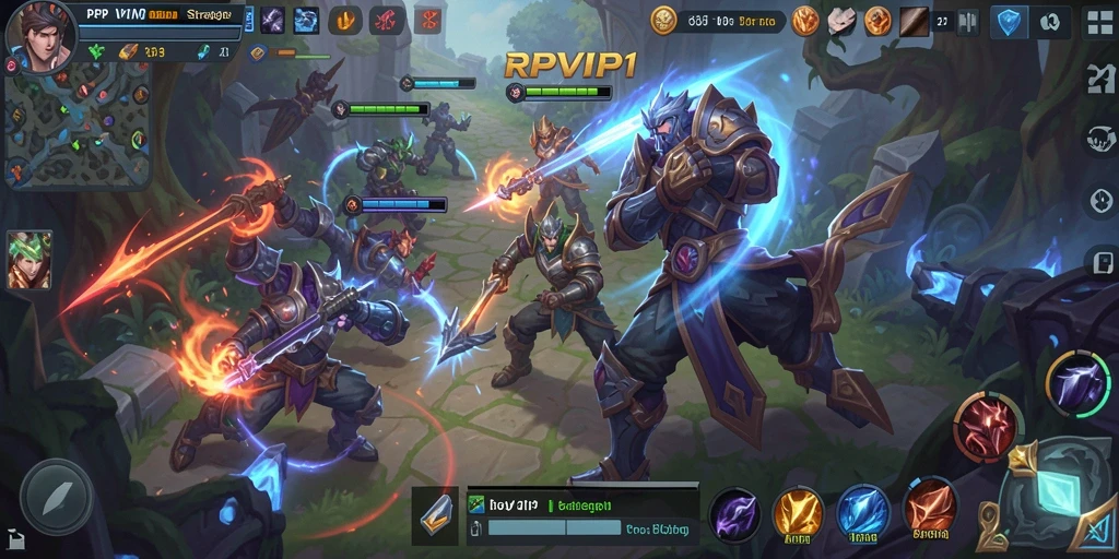Tangkapan layar utama RPVIP1 yang menunjukkan aksi pertarungan tim dalam gameplay MOBA.