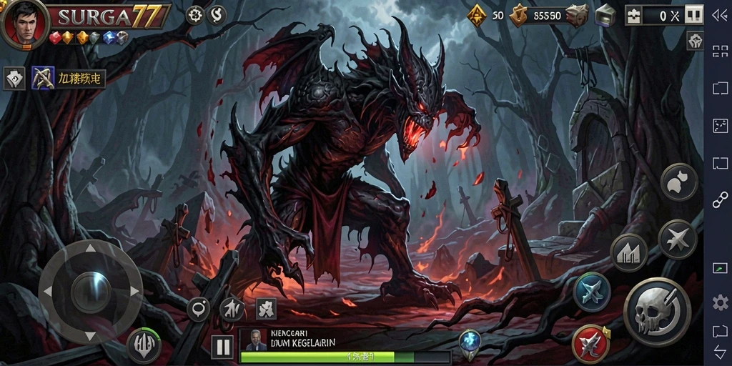 Tampilan gameplay menakutkan SURGA77 di kegelapan malam.
